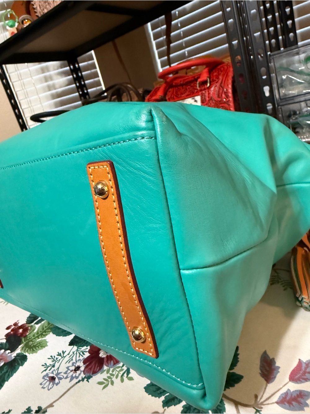 Dooney & Bourke McKenzie Teal Leather Hobo Shoulder Bag with Tan Trim - Picture 6 of 14